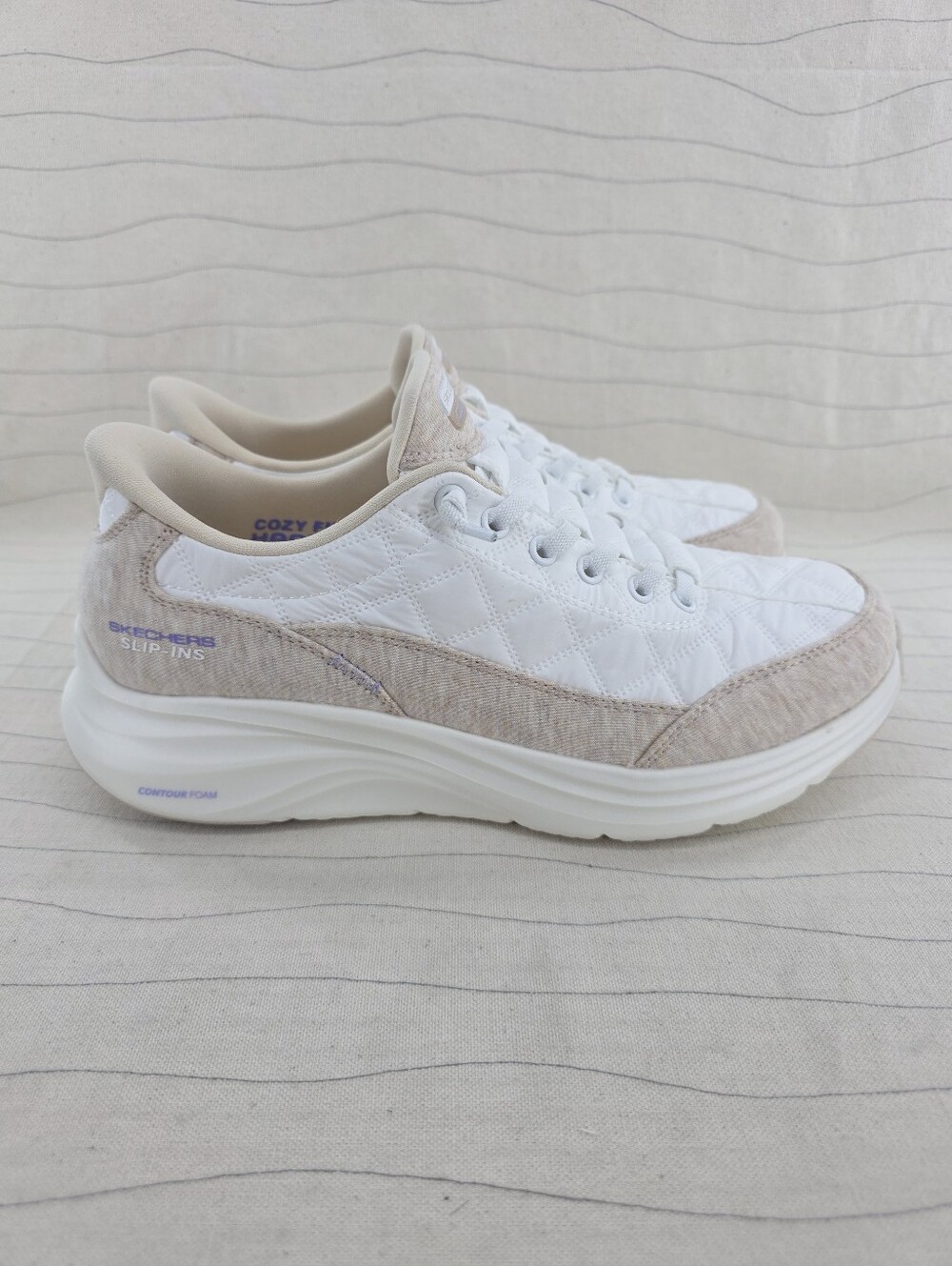 Skechers Womems Slip-ins Cozy Fit Heathered Beige White Contour Foam Shoes Sz 8